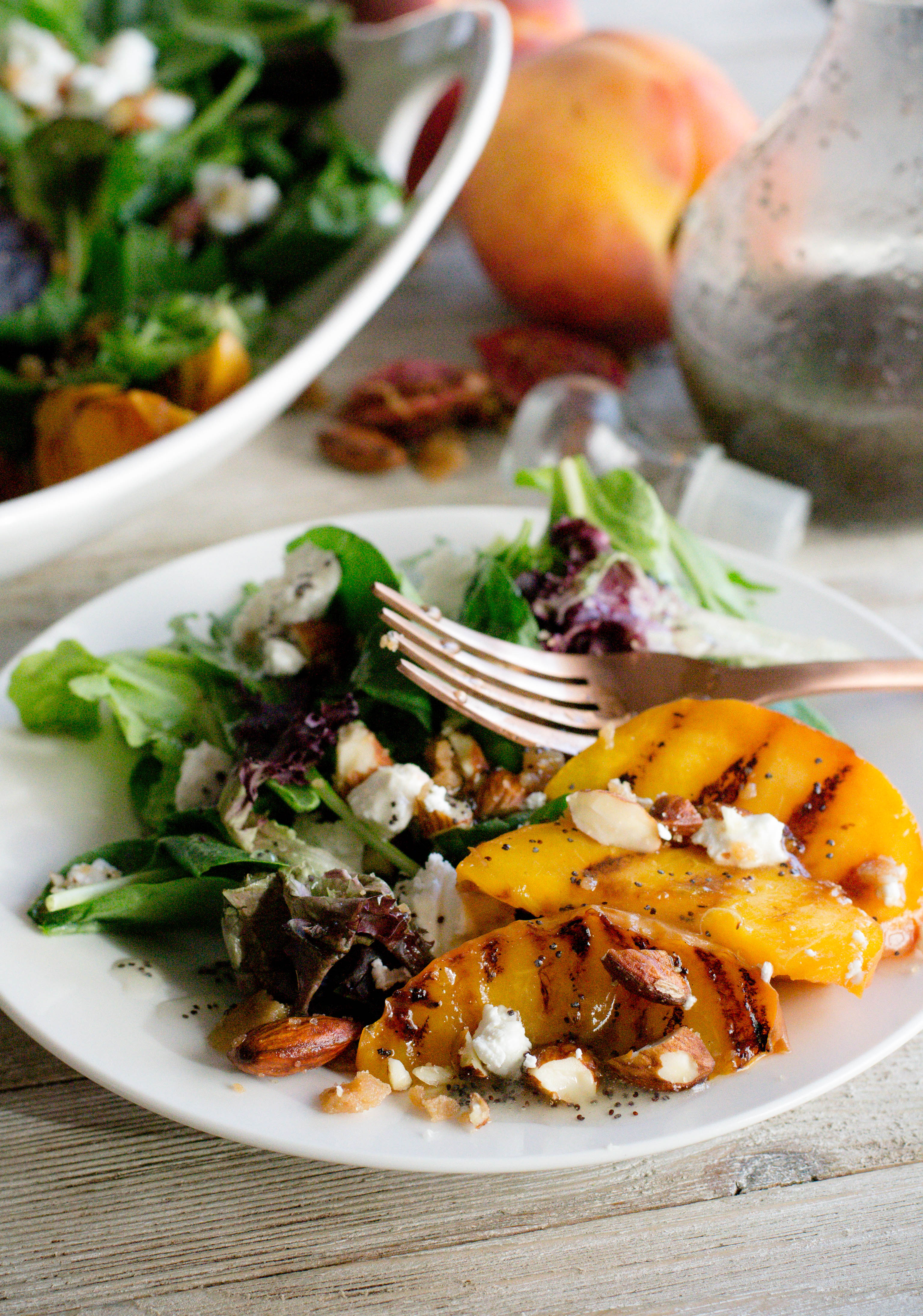 Grilled Peach Goat Cheese Salad with Candied Almonds - What the Forks ...