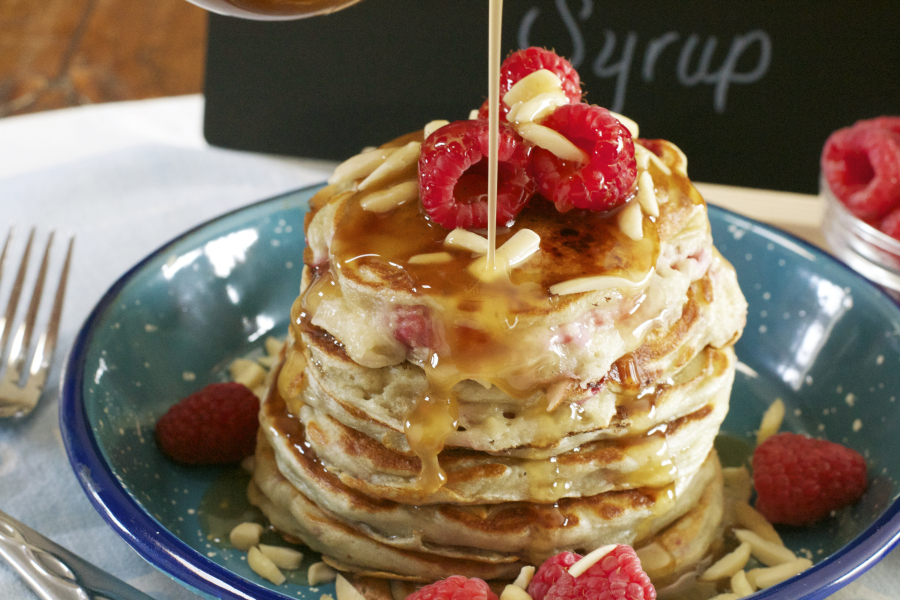 Raspberry Greek Yogurt Pancakes with Homemade Vanilla SyrupWhat the