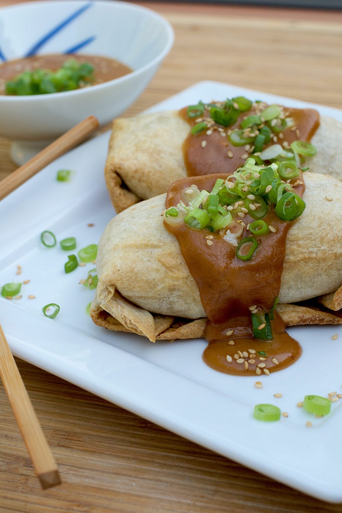Chicken Teriyaki Burritos with Spicy Peanut Sauce What the Forks for