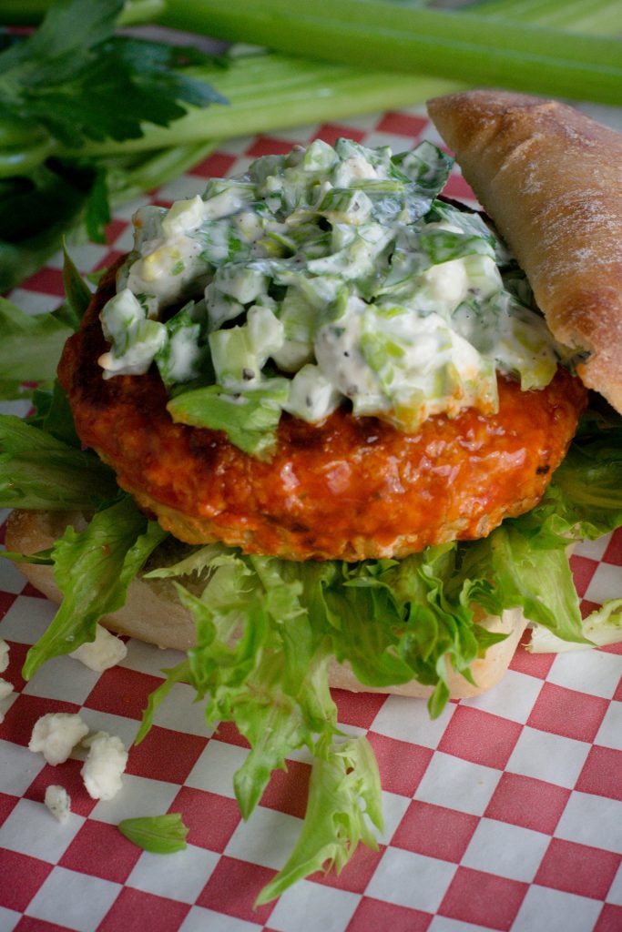 Buffalo Chicken Burger with Celery Blue Cheese Topping