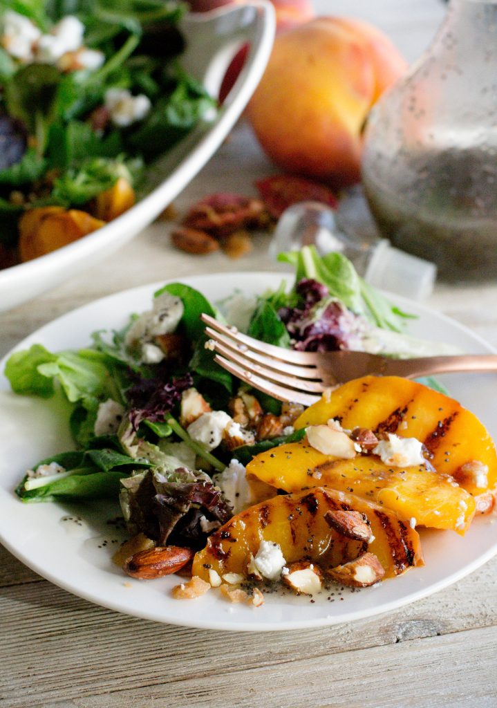 Grilled Peach Goat Cheese Salad with Candied Almonds 
