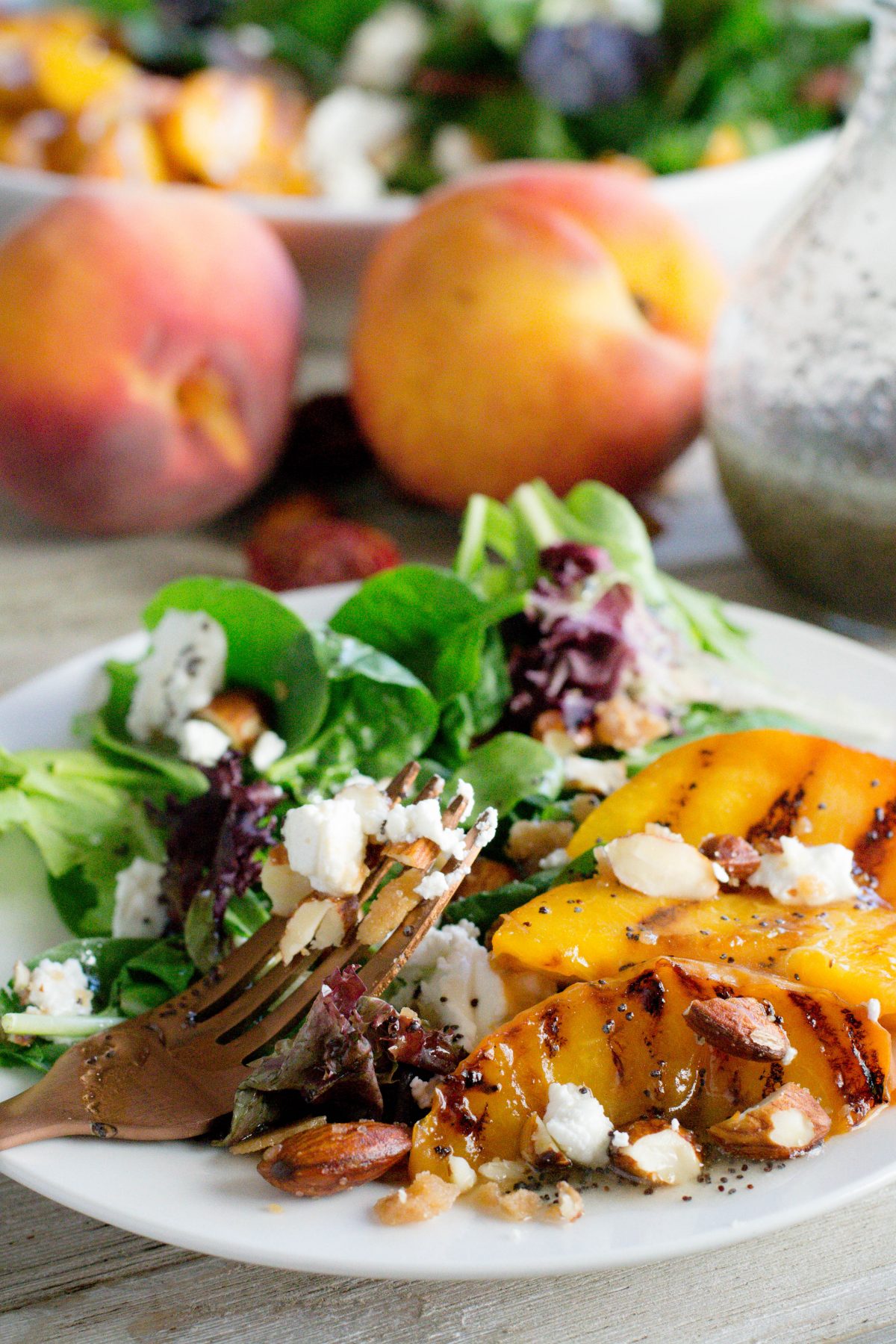 Grilled Peach Goat Cheese Salad with Candied Almonds What the Forks
