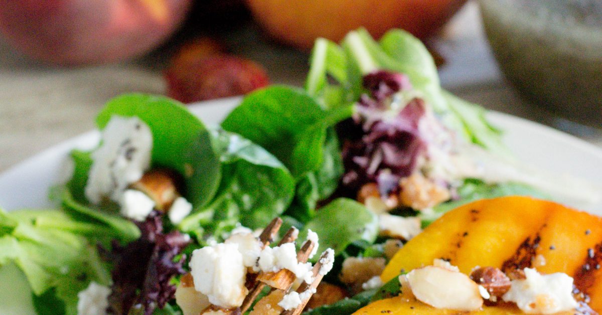 Grilled Peach Goat Cheese Salad with Candied Almonds What the Forks
