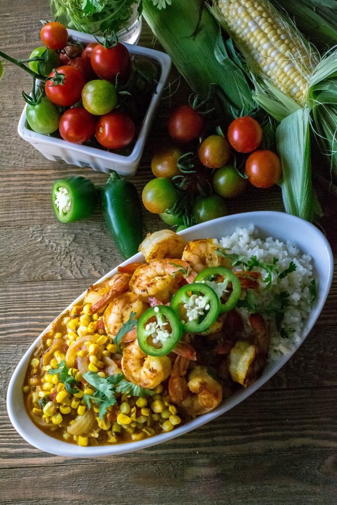 Sweet Corn Curry with Grilled Shrimp
