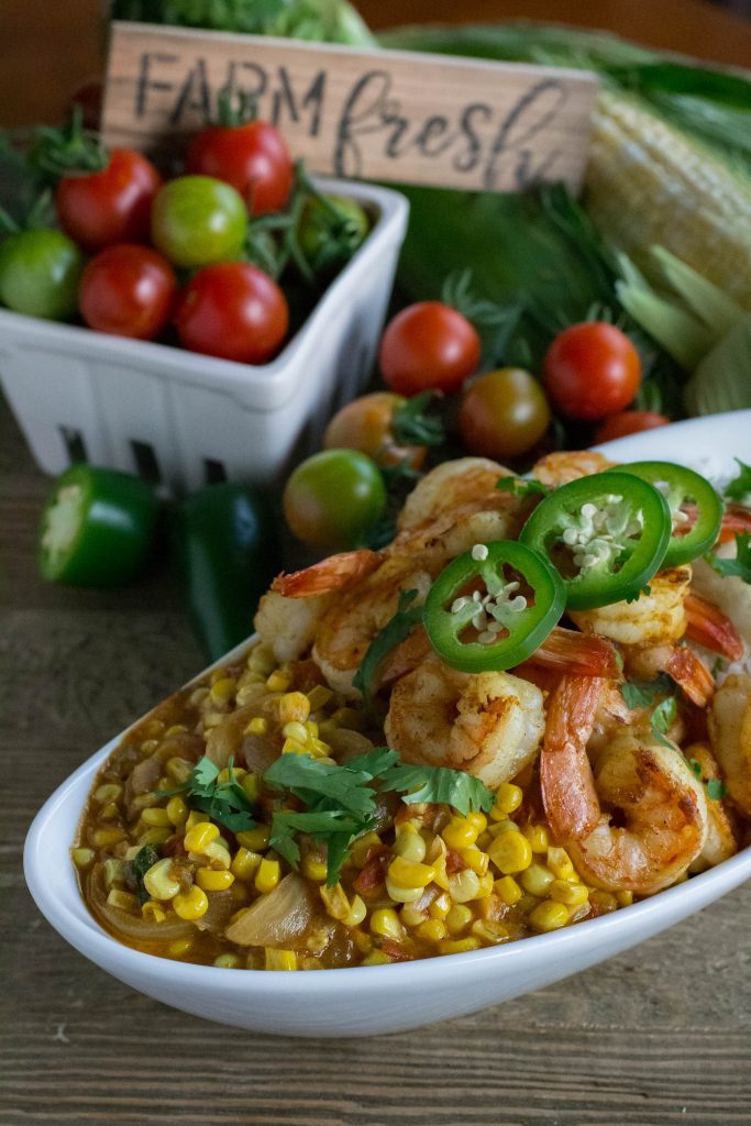 Sweet Corn Curry with Grilled Shrimp
